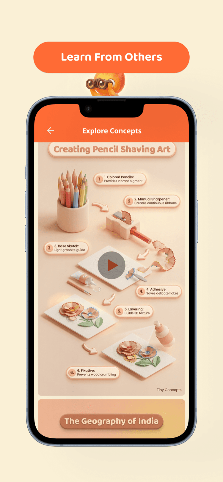 App screenshot showing the explore screen with community-created visual explanations