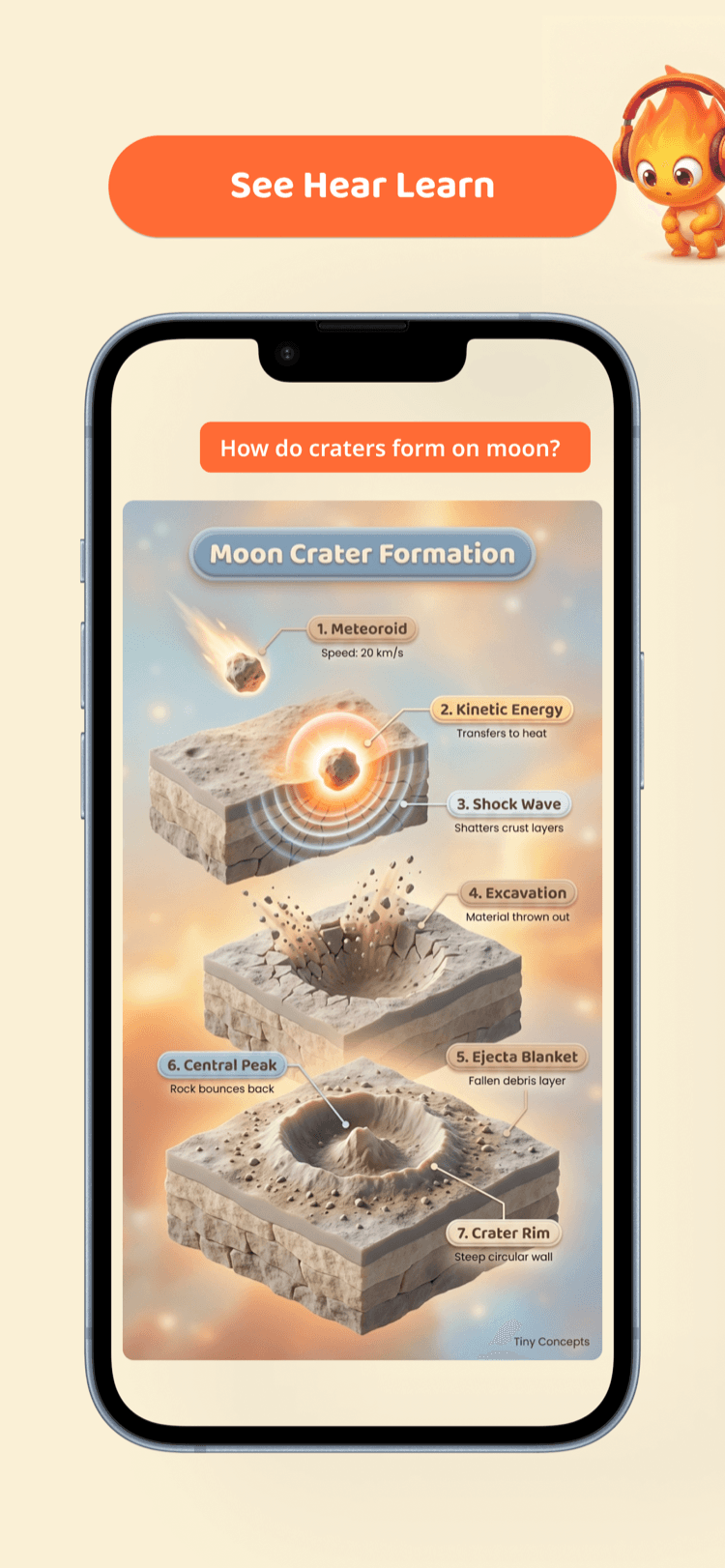 App screenshot showing moon crater formation with step-by-step visual narration